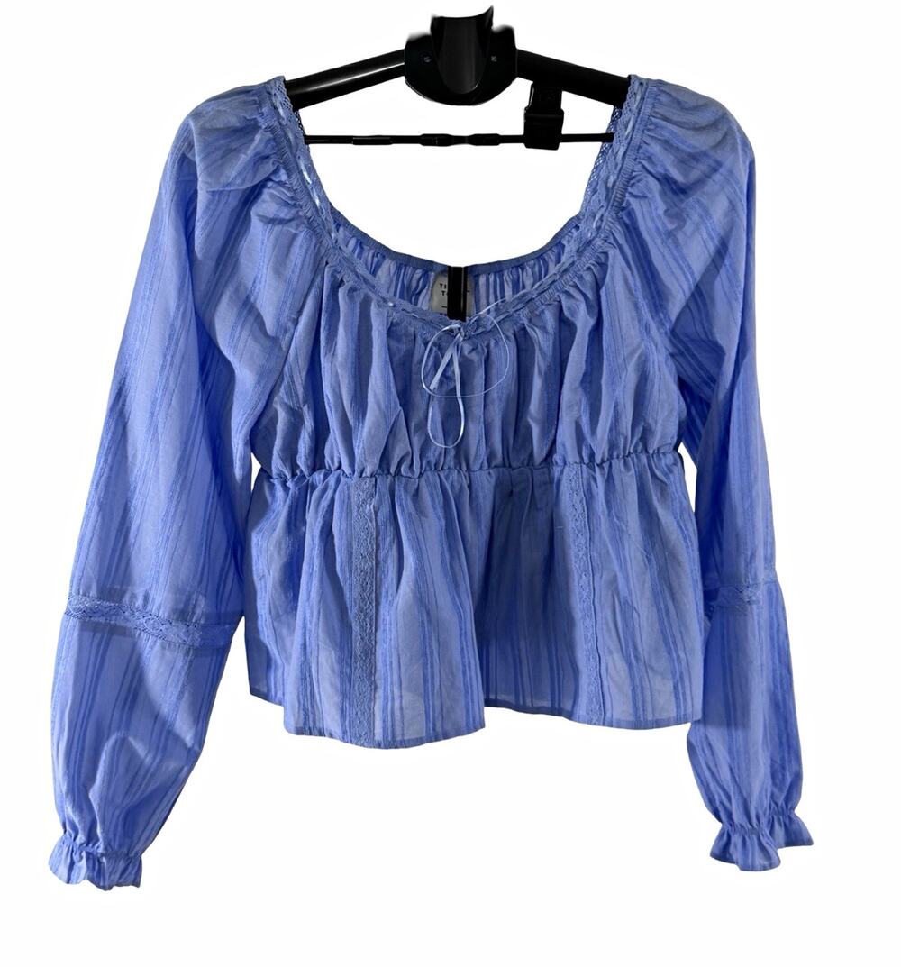 Tinsel Town Women’s XL Blue Striped Square Neck Tie-Front Puff Sleeve Blouse